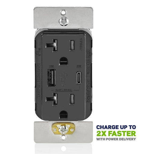 Leviton USB Dual Type A/C 60W Wall Outlet Charger With 20A Tamper-Resistant Outlet Black (T5834-E)