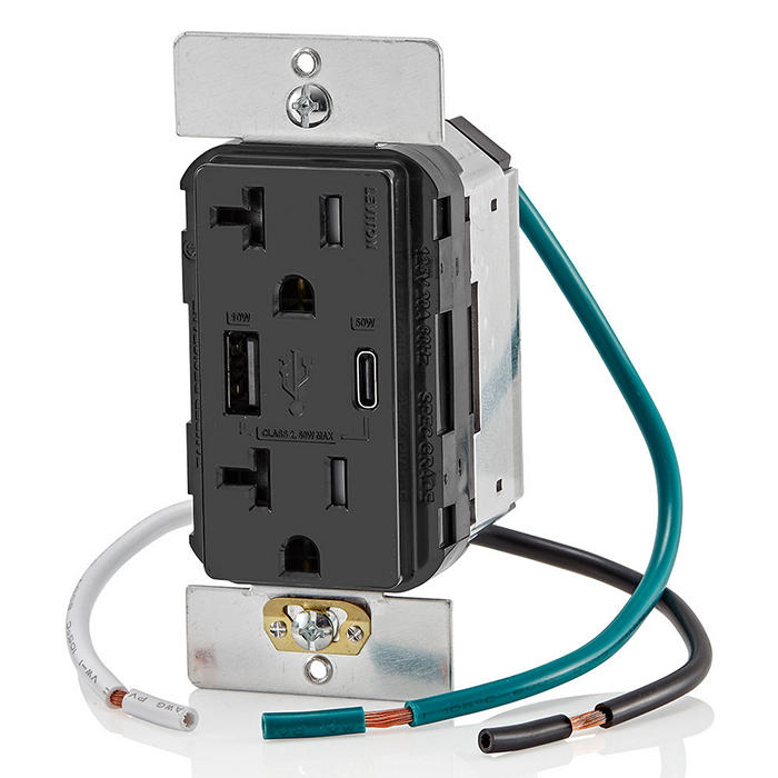Leviton USB Dual Type A/C 60W Wall Outlet Charger With 20A Tamper-Resistant Outlet Black (T5834-E)