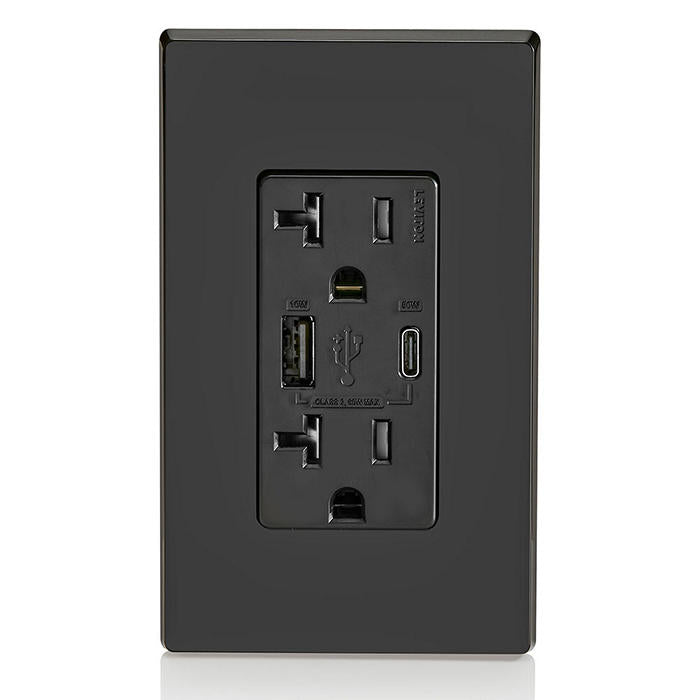 Leviton USB Dual Type A/C 60W Wall Outlet Charger With 20A Tamper-Resistant Outlet Black (T5834-E)
