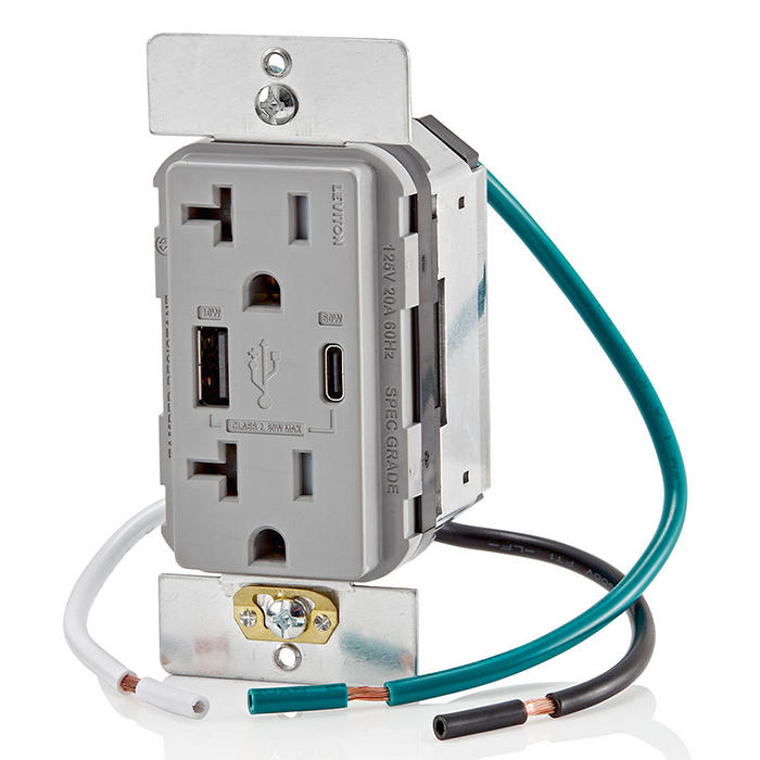 Leviton USB Dual Type A/C 60W Wall Outlet Charger With 20A Tamper-Resistant Outlet Gray (T5834-G)