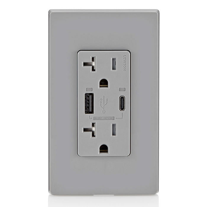 Leviton USB Dual Type A/C 60W Wall Outlet Charger With 20A Tamper-Resistant Outlet Gray (T5834-G)
