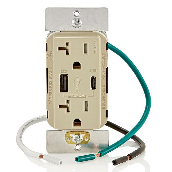 Leviton USB Dual Type A/C 60W Wall Outlet Charger With 20A Tamper-Resistant Outlet Ivory (T5834-I)