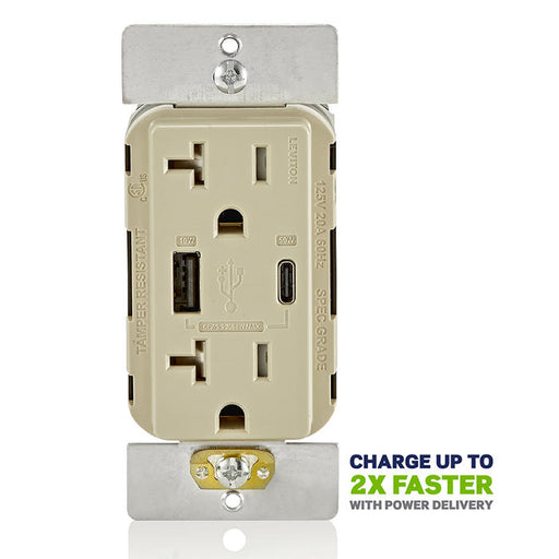 Leviton USB Dual Type A/C 60W Wall Outlet Charger With 20A Tamper-Resistant Outlet Ivory (T5834-I)