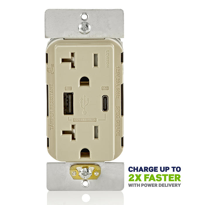 Leviton USB Dual Type A/C 60W Wall Outlet Charger With 20A Tamper-Resistant Outlet Ivory (T5834-I)