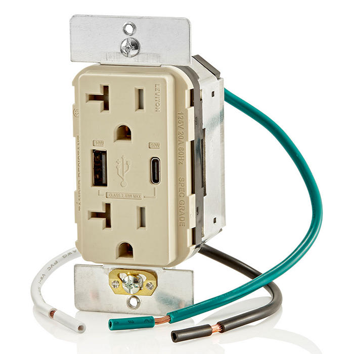 Leviton USB Dual Type A/C 60W Wall Outlet Charger With 20A Tamper-Resistant Outlet Ivory (T5834-I)