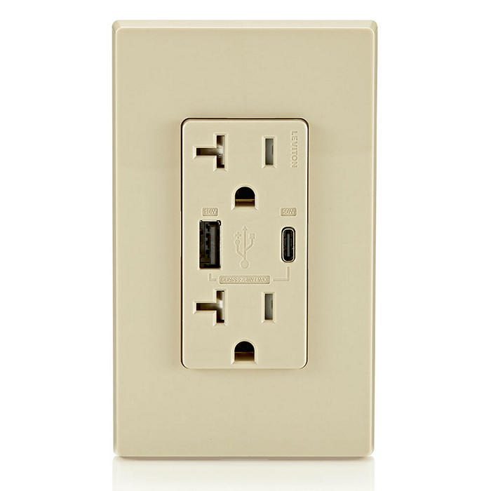 Leviton USB Dual Type A/C 60W Wall Outlet Charger With 20A Tamper-Resistant Outlet Ivory (T5834-I)