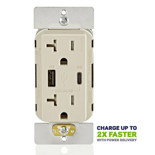 Leviton USB Dual Type A/C 60W Wall Outlet Charger With 20A Tamper-Resistant Outlet Light Almond (T5834-T)