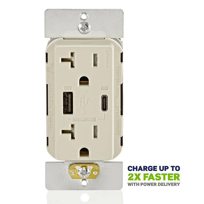 Leviton USB Dual Type A/C 60W Wall Outlet Charger With 20A Tamper-Resistant Outlet Light Almond (T5834-T)