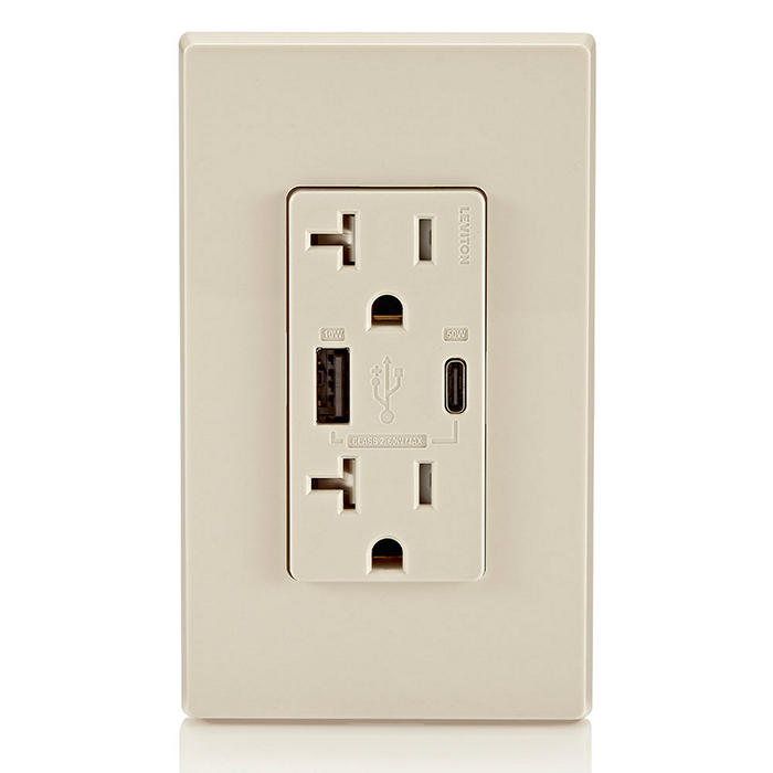 Leviton USB Dual Type A/C 60W Wall Outlet Charger With 20A Tamper-Resistant Outlet Light Almond (T5834-T)