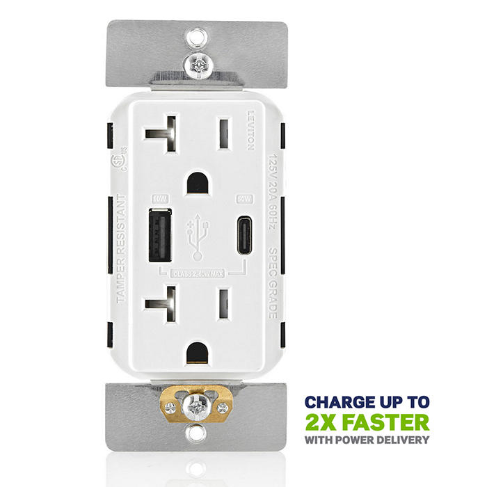 Leviton USB Dual Type A/C 60W Wall Outlet Charger With 20A Tamper-Resistant Outlet White (T5834-W)
