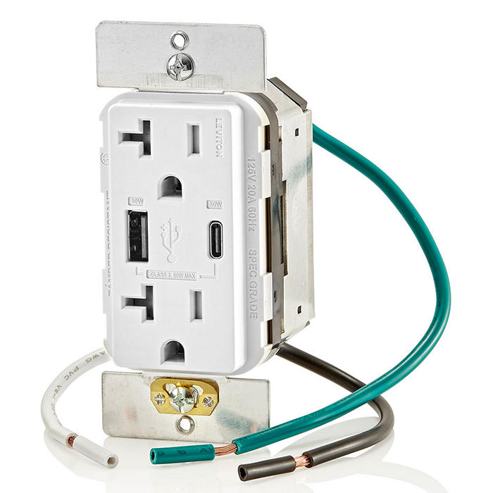 Leviton USB Dual Type A/C 60W Wall Outlet Charger With 20A Tamper-Resistant Outlet White (T5834-W)