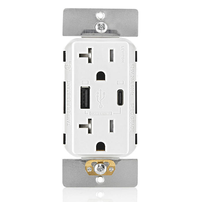 Leviton USB Dual Type A/C 60W Wall Outlet Charger With 20A Tamper-Resistant Outlet White (T5834-W)