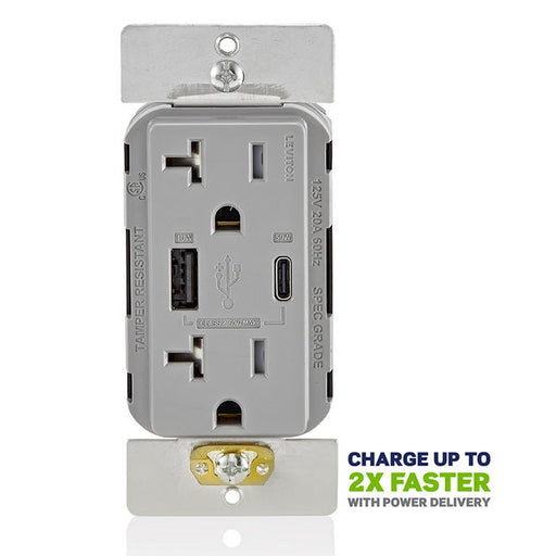 Leviton USB Dual Type A/C 60W Wall Outlet Charger With 20A Tamper-Resistant Outlet Gray (T5834-G)