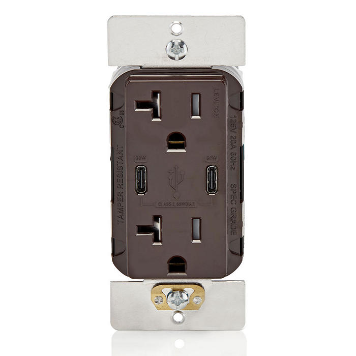 Leviton 60W 6A USB Dual Type C/C Power Delivery Wall Outlet Charger With 20A Tamper Resistant Outlet Brown (T5836-B)