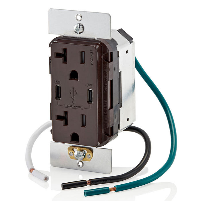 Leviton 60W 6A USB Dual Type C/C Power Delivery Wall Outlet Charger With 20A Tamper Resistant Outlet Brown (T5836-B)