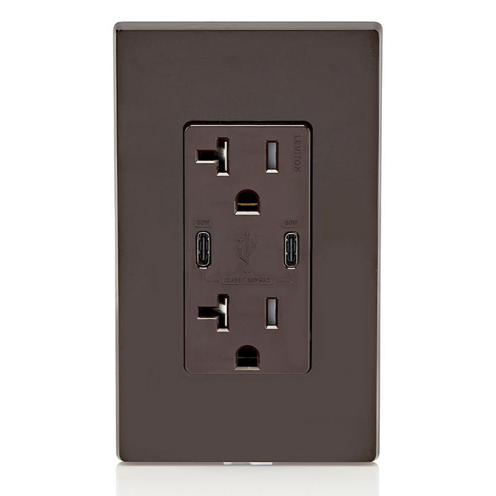 Leviton 60W 6A USB Dual Type C/C Power Delivery Wall Outlet Charger With 20A Tamper Resistant Outlet Brown (T5836-B)