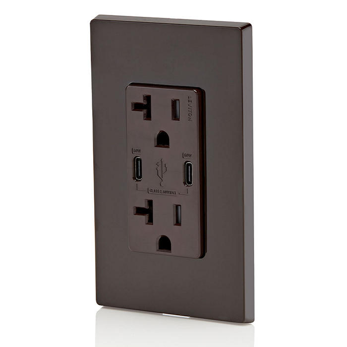 Leviton 60W 6A USB Dual Type C/C Power Delivery Wall Outlet Charger With 20A Tamper Resistant Outlet Brown (T5836-B)