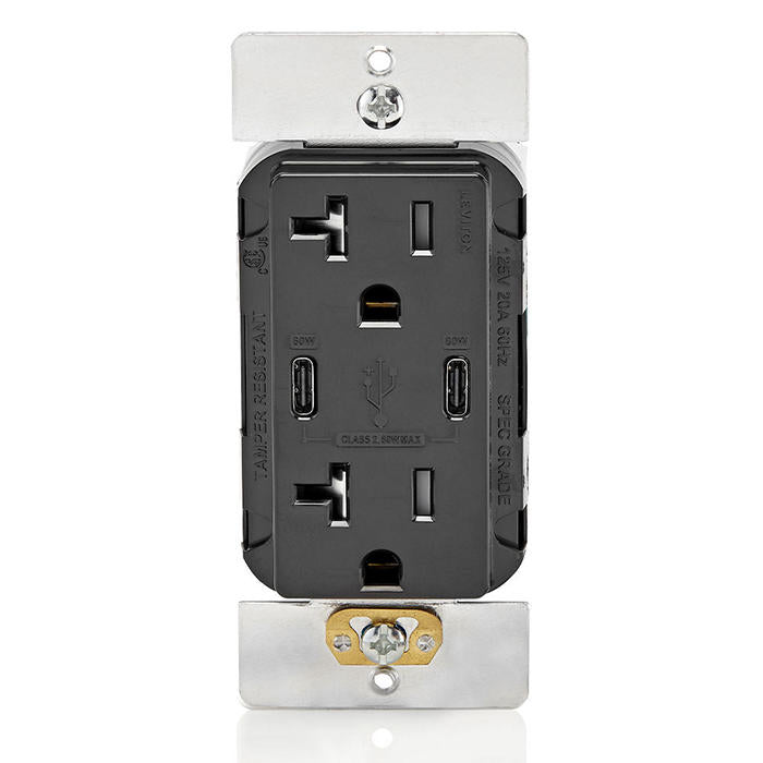 Leviton 60W 6A USB Dual Type C/C Power Delivery Wall Outlet Charger With 20A Tamper Resistant Outlet Black (T5836-E)