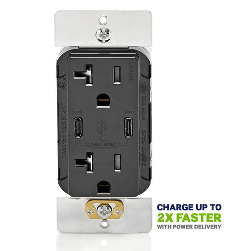 Leviton 60W 6A USB Dual Type C/C Power Delivery Wall Outlet Charger With 20A Tamper Resistant Outlet Black (T5836-E)