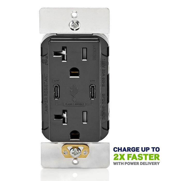 Leviton 60W 6A USB Dual Type C/C Power Delivery Wall Outlet Charger With 20A Tamper Resistant Outlet Black (T5836-E)