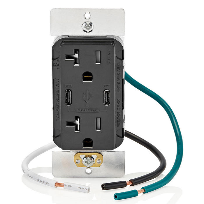 Leviton 60W 6A USB Dual Type C/C Power Delivery Wall Outlet Charger With 20A Tamper Resistant Outlet Black (T5836-E)