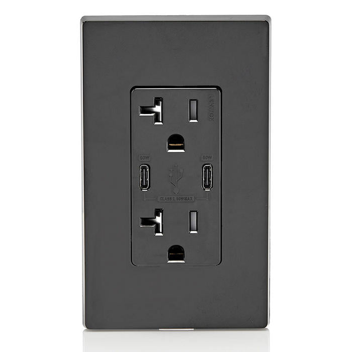 Leviton 60W 6A USB Dual Type C/C Power Delivery Wall Outlet Charger With 20A Tamper Resistant Outlet Black (T5836-E)