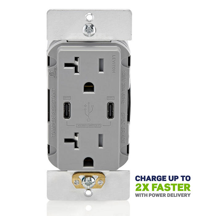 Leviton 60W 6A USB Dual Type C/C Power Delivery Wall Outlet Charger With 20A Tamper Resistant Outlet Gray (T5836-G)