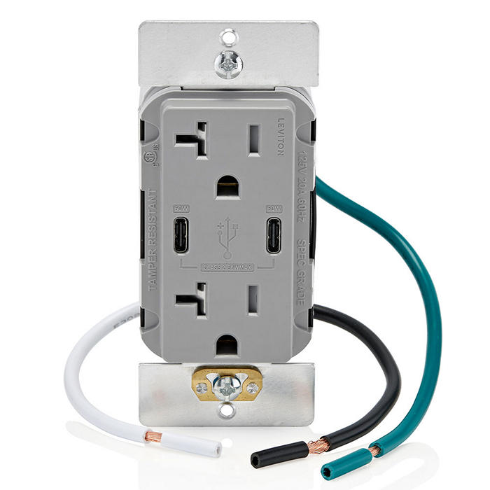Leviton 60W 6A USB Dual Type C/C Power Delivery Wall Outlet Charger With 20A Tamper Resistant Outlet Gray (T5836-G)