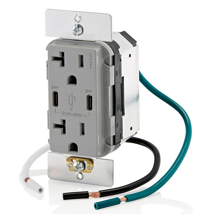 Leviton 60W 6A USB Dual Type C/C Power Delivery Wall Outlet Charger With 20A Tamper Resistant Outlet Gray (T5836-G)