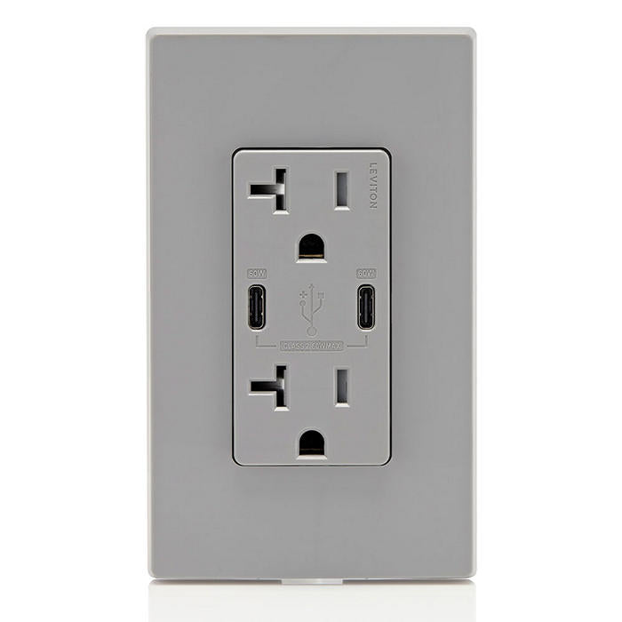 Leviton 60W 6A USB Dual Type C/C Power Delivery Wall Outlet Charger With 20A Tamper Resistant Outlet Gray (T5836-G)