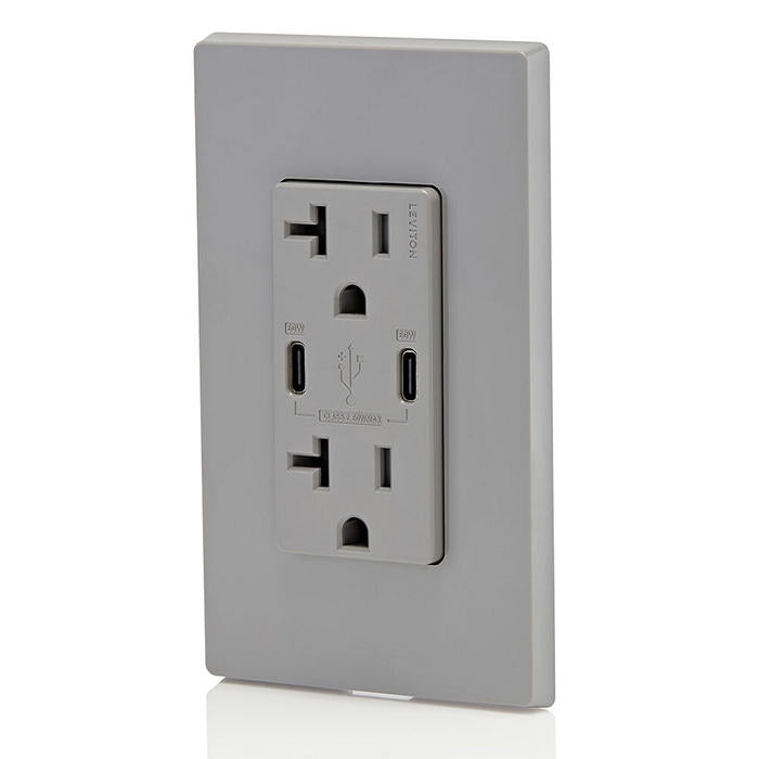 Leviton 60W 6A USB Dual Type C/C Power Delivery Wall Outlet Charger With 20A Tamper Resistant Outlet Gray (T5836-G)