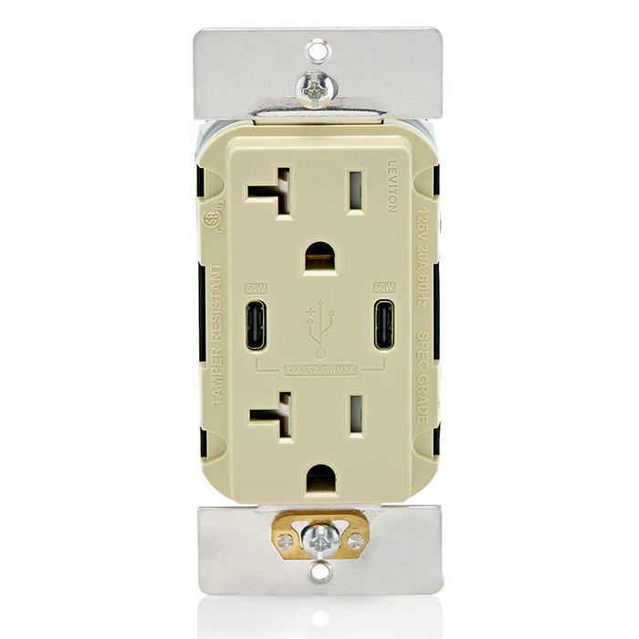 Leviton 60W 6A USB Dual Type C/C Power Delivery Wall Outlet Charger With 20A Tamper Resistant Outlet Ivory (T5836-I)