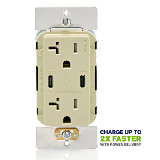 Leviton 60W 6A USB Dual Type C/C Power Delivery Wall Outlet Charger With 20A Tamper Resistant Outlet Ivory (T5836-I)