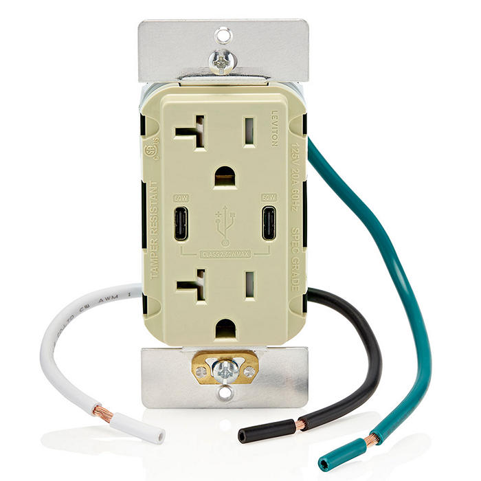 Leviton 60W 6A USB Dual Type C/C Power Delivery Wall Outlet Charger With 20A Tamper Resistant Outlet Ivory (T5836-I)
