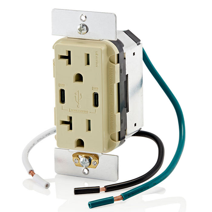 Leviton 60W 6A USB Dual Type C/C Power Delivery Wall Outlet Charger With 20A Tamper Resistant Outlet Ivory (T5836-I)