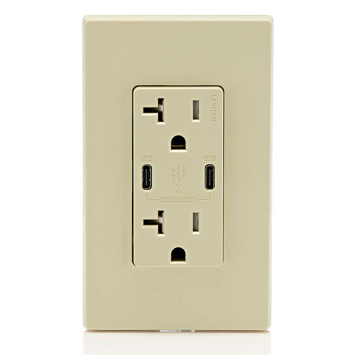 Leviton 60W 6A USB Dual Type C/C Power Delivery Wall Outlet Charger With 20A Tamper Resistant Outlet Ivory (T5836-I)