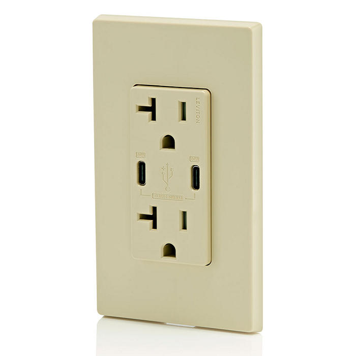 Leviton 60W 6A USB Dual Type C/C Power Delivery Wall Outlet Charger With 20A Tamper Resistant Outlet Ivory (T5836-I)