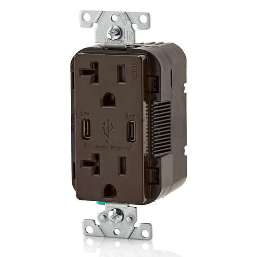 Leviton 30W USB Dual Type C/C Non-PD Wall Outlet Charger With 20A Tamper-Resistant Outlet Brown (T5837-B)