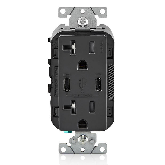 Leviton 30W USB Dual Type C/C Non-PD Wall Outlet Charger With 20A Tamper-Resistant Outlet Black (T5837-E)