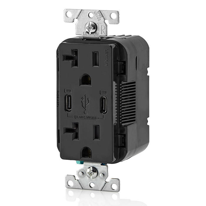 Leviton 30W USB Dual Type C/C Non-PD Wall Outlet Charger With 20A Tamper-Resistant Outlet Black (T5837-E)