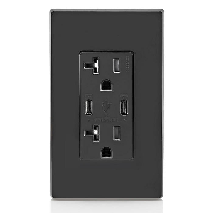 Leviton 30W USB Dual Type C/C Non-PD Wall Outlet Charger With 20A Tamper-Resistant Outlet Black (T5837-E)