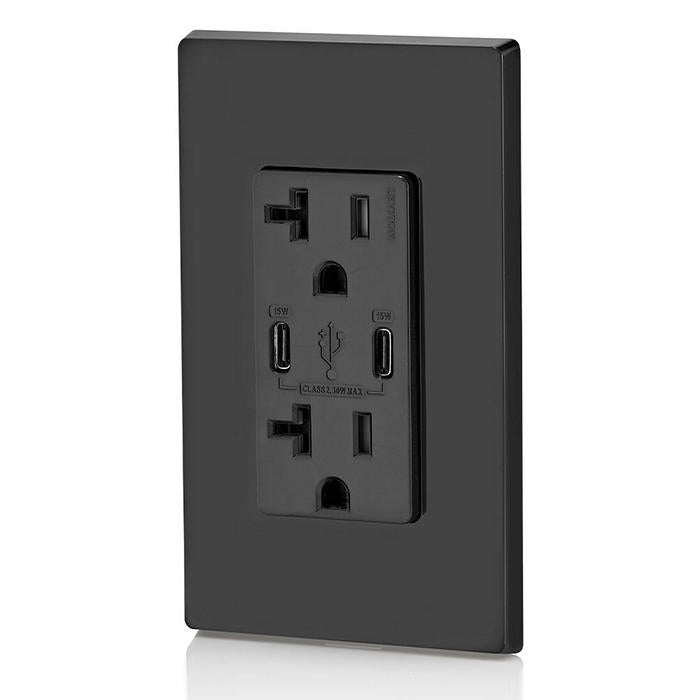 Leviton 30W USB Dual Type C/C Non-PD Wall Outlet Charger With 20A Tamper-Resistant Outlet Black (T5837-E)