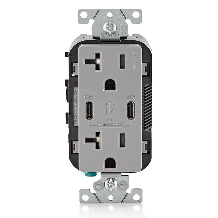 Leviton 30W USB Dual Type C/C Non-PD Wall Outlet Charger With 20A Tamper-Resistant Outlet Gray (T5837-G)