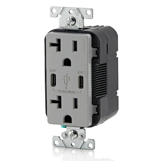 Leviton 30W USB Dual Type C/C Non-PD Wall Outlet Charger With 20A Tamper-Resistant Outlet Gray (T5837-G)