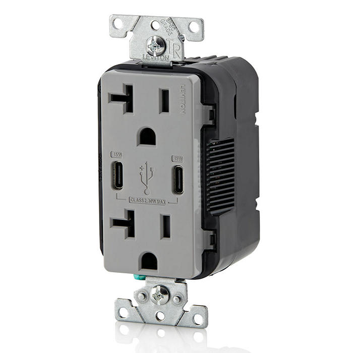 Leviton 30W USB Dual Type C/C Non-PD Wall Outlet Charger With 20A Tamper-Resistant Outlet Gray (T5837-G)