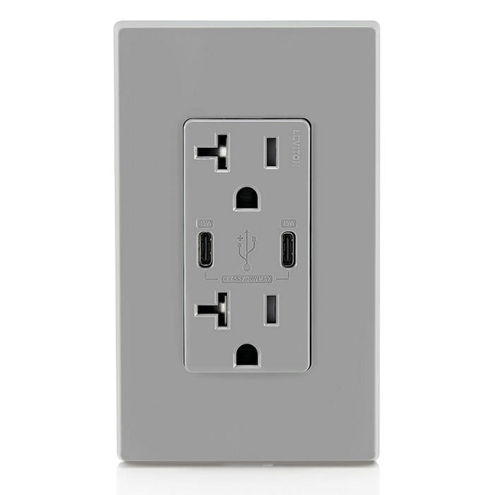 Leviton 30W USB Dual Type C/C Non-PD Wall Outlet Charger With 20A Tamper-Resistant Outlet Gray (T5837-G)