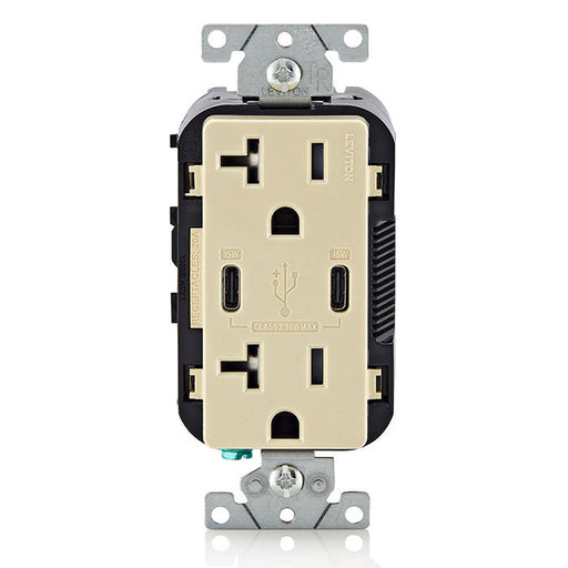 Leviton 30W USB Dual Type C/C Non-PD Wall Outlet Charger With 20A Tamper-Resistant Outlet Ivory (T5837-I)