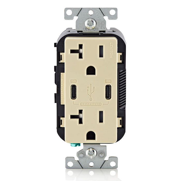 Leviton 30W USB Dual Type C/C Non-PD Wall Outlet Charger With 20A Tamper-Resistant Outlet Ivory (T5837-I)
