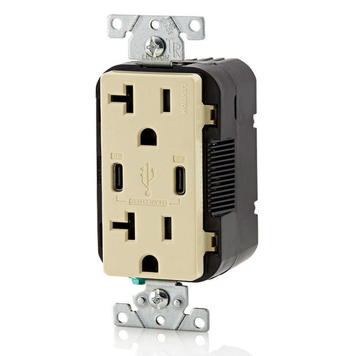 Leviton 30W USB Dual Type C/C Non-PD Wall Outlet Charger With 20A Tamper-Resistant Outlet Ivory (T5837-I)