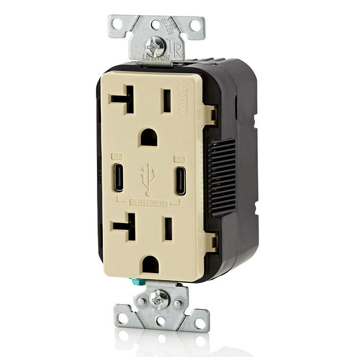 Leviton 30W USB Dual Type C/C Non-PD Wall Outlet Charger With 20A Tamper-Resistant Outlet Ivory (T5837-I)